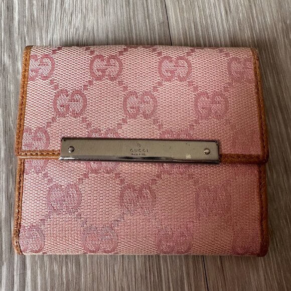 Gucci Pink GG Canvas &  Leather Short Bifold Wallet w Coin Purse - Picture 2 of 13